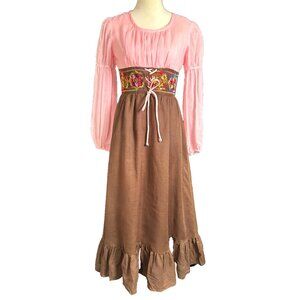 Vintage 70s Romantic Embroidered Garden Hippie Maxi Boho Prairie Maxi Dress
